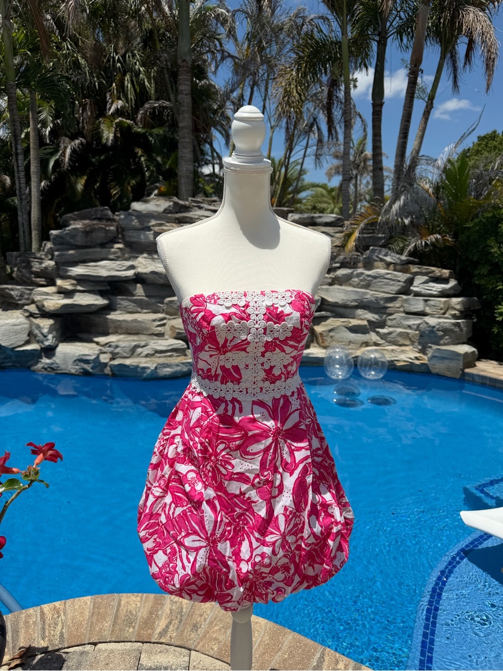 Lilly Pulitzer Hot Pink and White Strapless Bubble Hem Dress